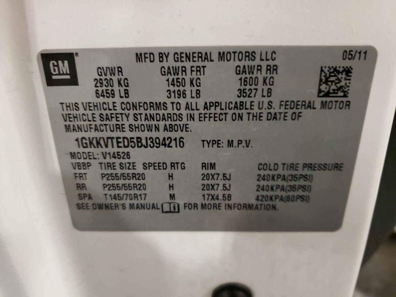 2011 GMC Acadia Denali VIN: 1GKKVTED5BJ394216 Lot: 93074335