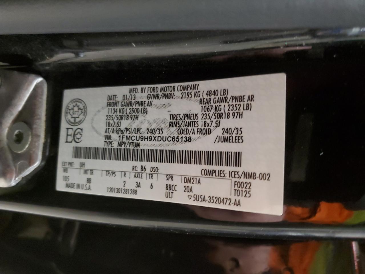 2013 Ford Escape Sel VIN: 1FMCU9H9XDUC65138 Lot: 92392765