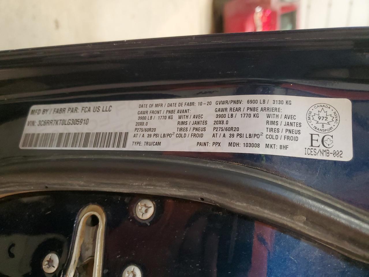 2020 Ram 1500 Classic Tradesman VIN: 3C6RR7KT0LG305910 Lot: 93354665