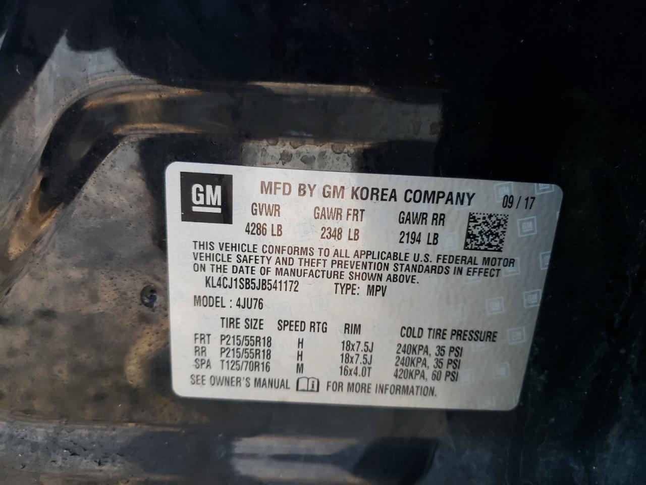 2018 Buick Encore Sport Touring VIN: KL4CJ1SB5JB541172 Lot: 90953065