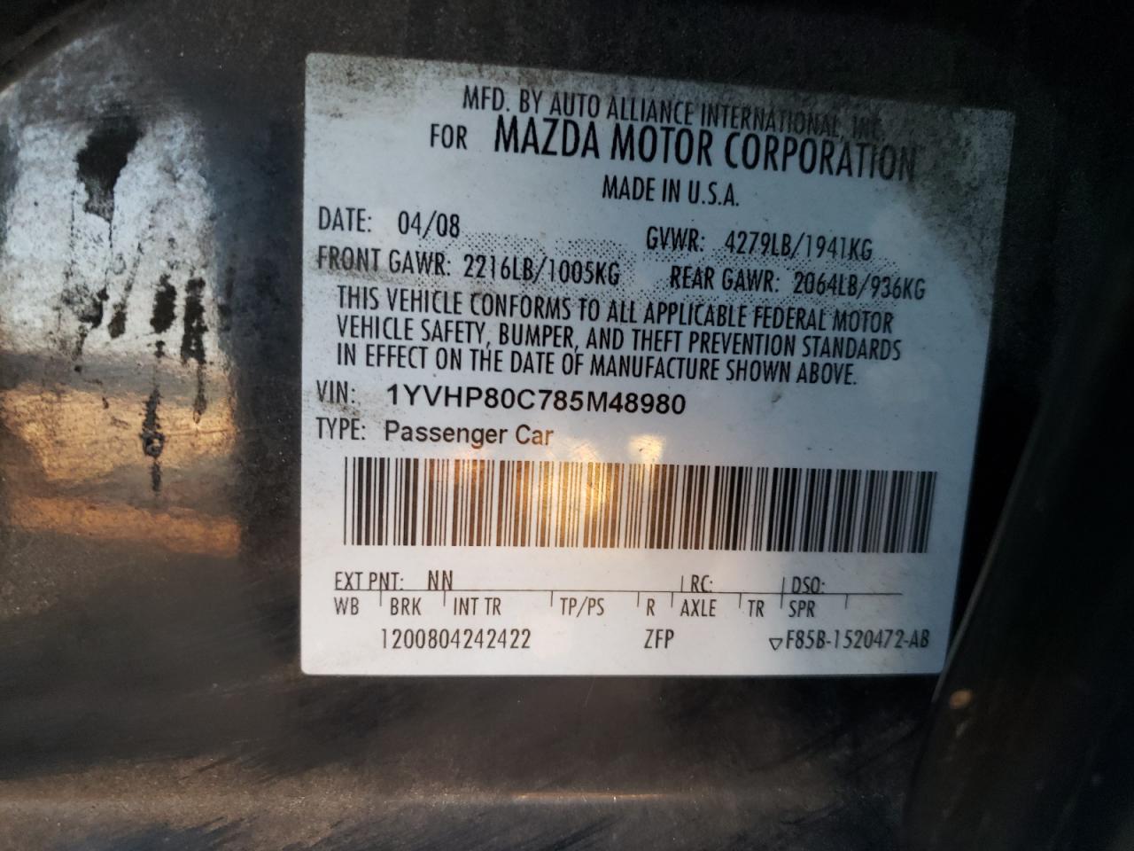 2008 Mazda 6 I VIN: 1YVHP80C785M48980 Lot: 92392165