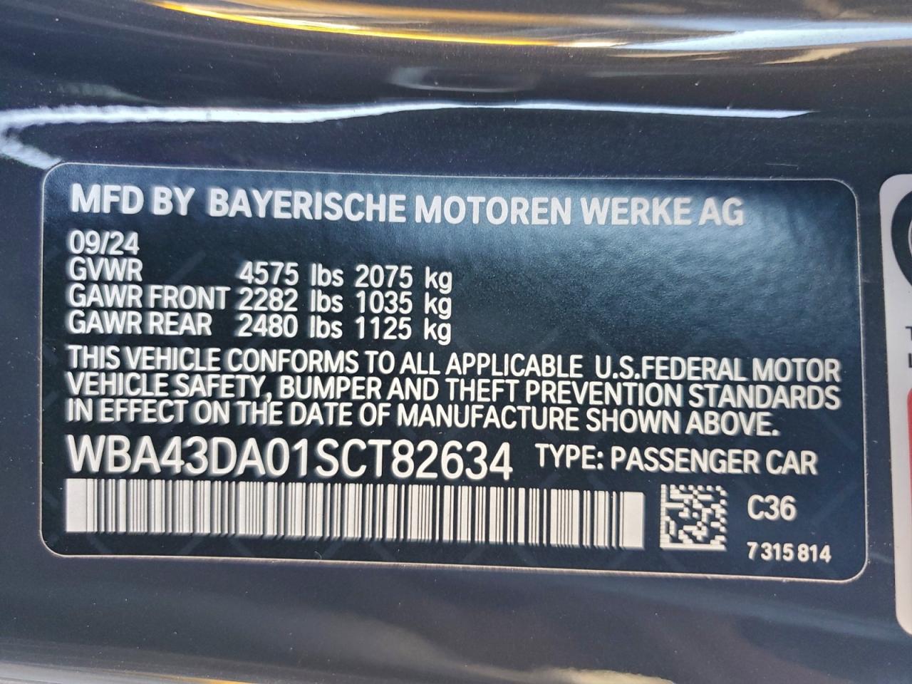 2025 BMW 430I VIN: WBA43DA01SCT82634 Lot: 93886225