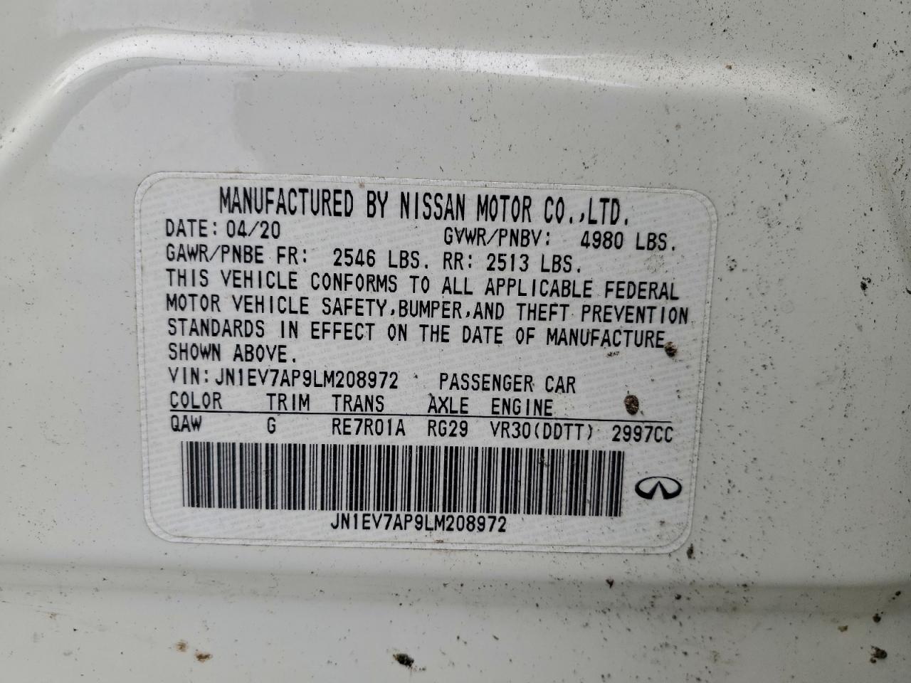 2020 Infiniti Q50 Pure VIN: JN1EV7AP9LM208972 Lot: 94076175