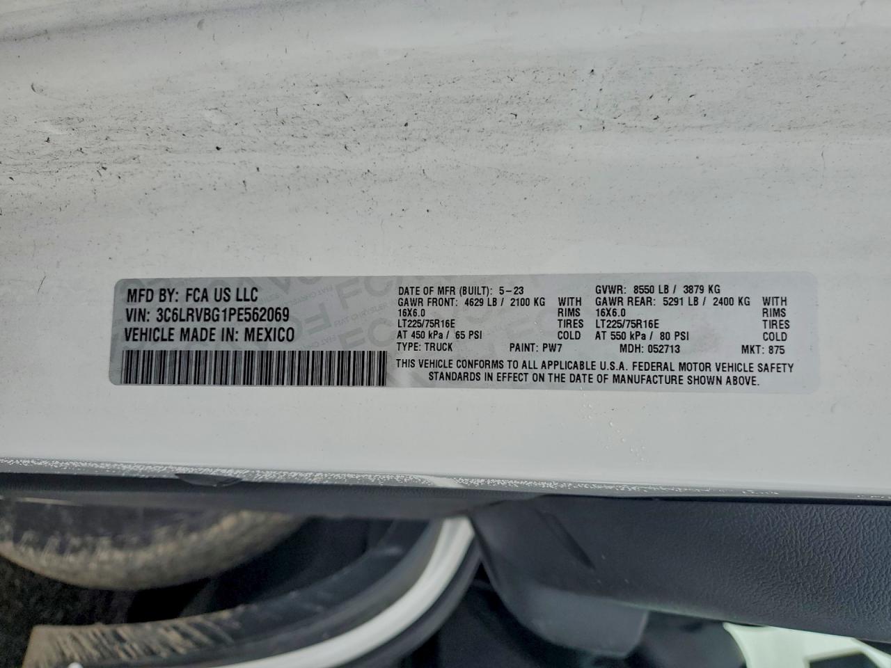 2023 Ram Promaster 1500 1500 High VIN: 3C6LRVBG1PE562069 Lot: 93958875