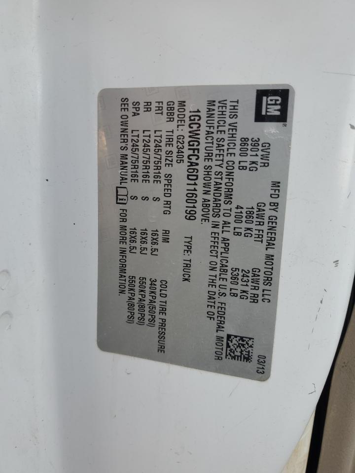 2013 Chevrolet Express 2500 Delivery Van VIN: 1GCWGFCA6D1160199 Lot: 92425785