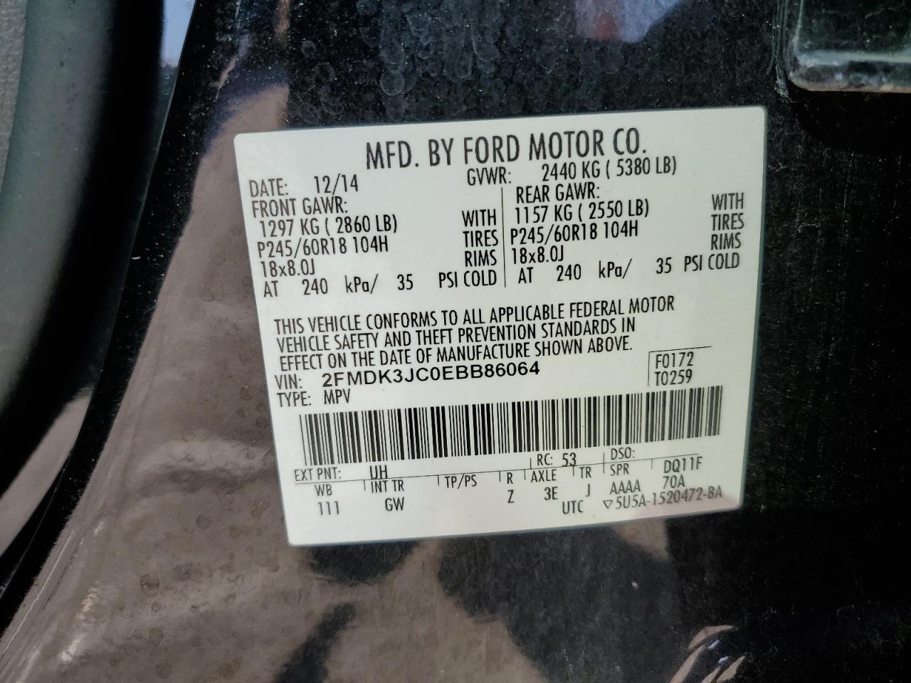 2014 Ford Edge Sel VIN: 2FMDK3JC0EBB86064 Lot: 92676165
