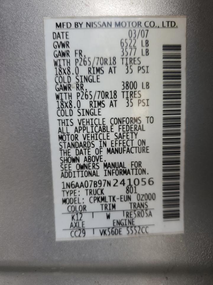 2007 Nissan Titan Xe VIN: 1N6AA07B97N241056 Lot: 92070575