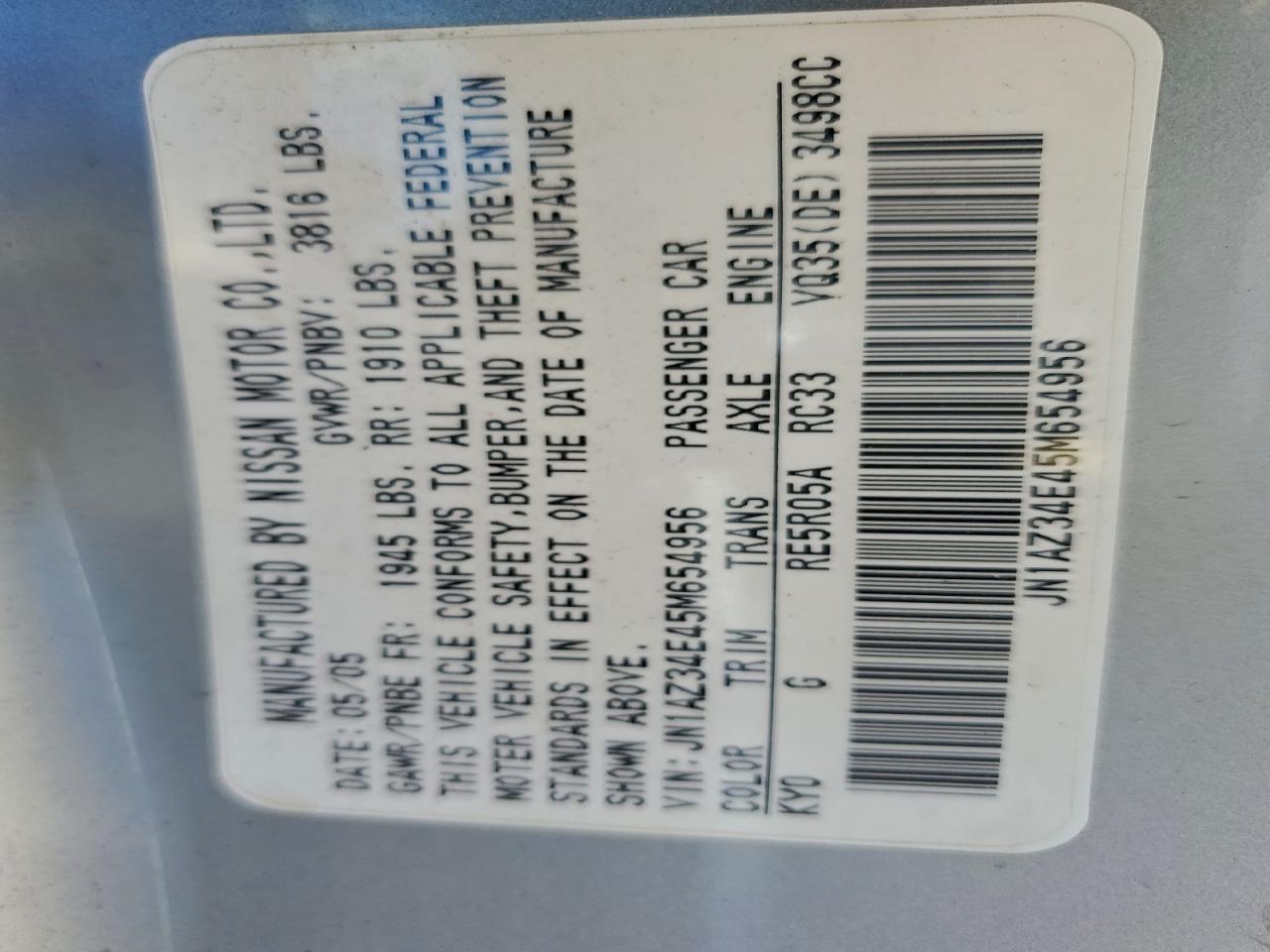 2005 Nissan 350Z Coupe VIN: JN1AZ34E45M654956 Lot: 93888205