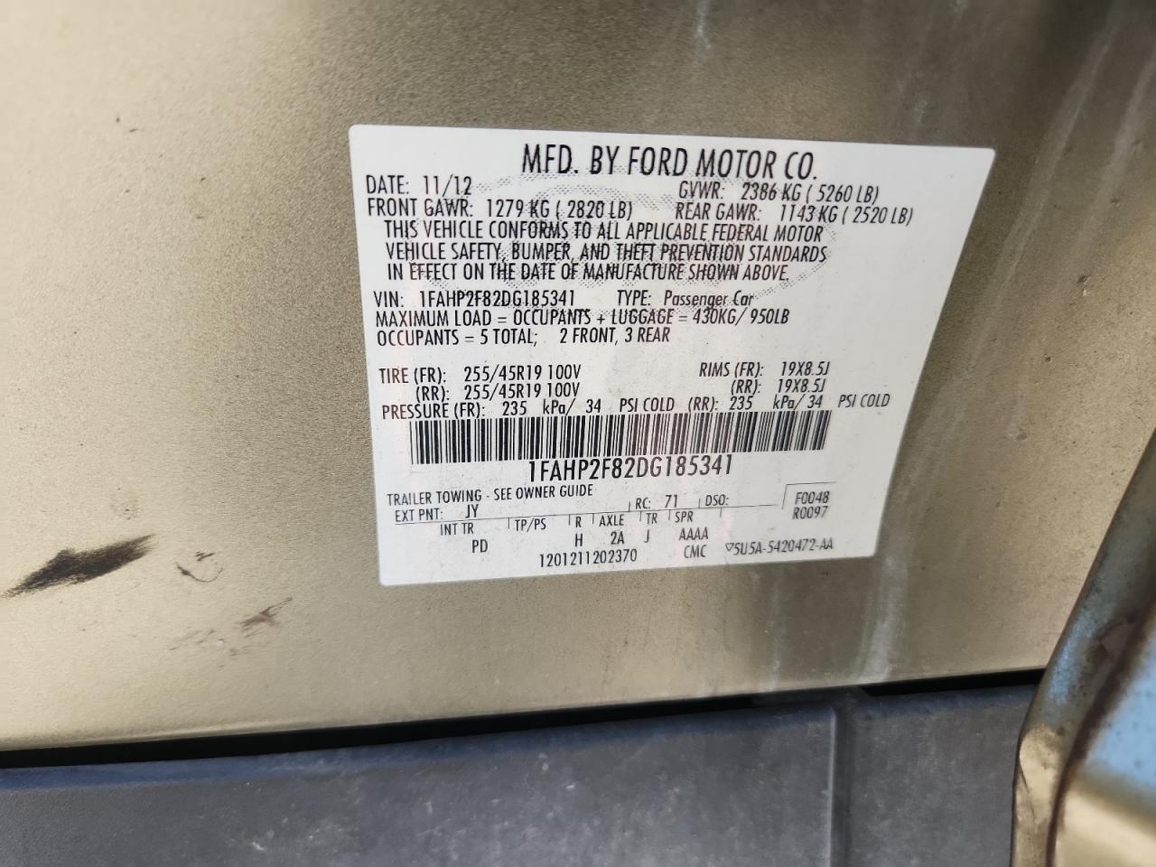 2013 Ford Taurus Limited VIN: 1FAHP2F82DG185341 Lot: 92545165