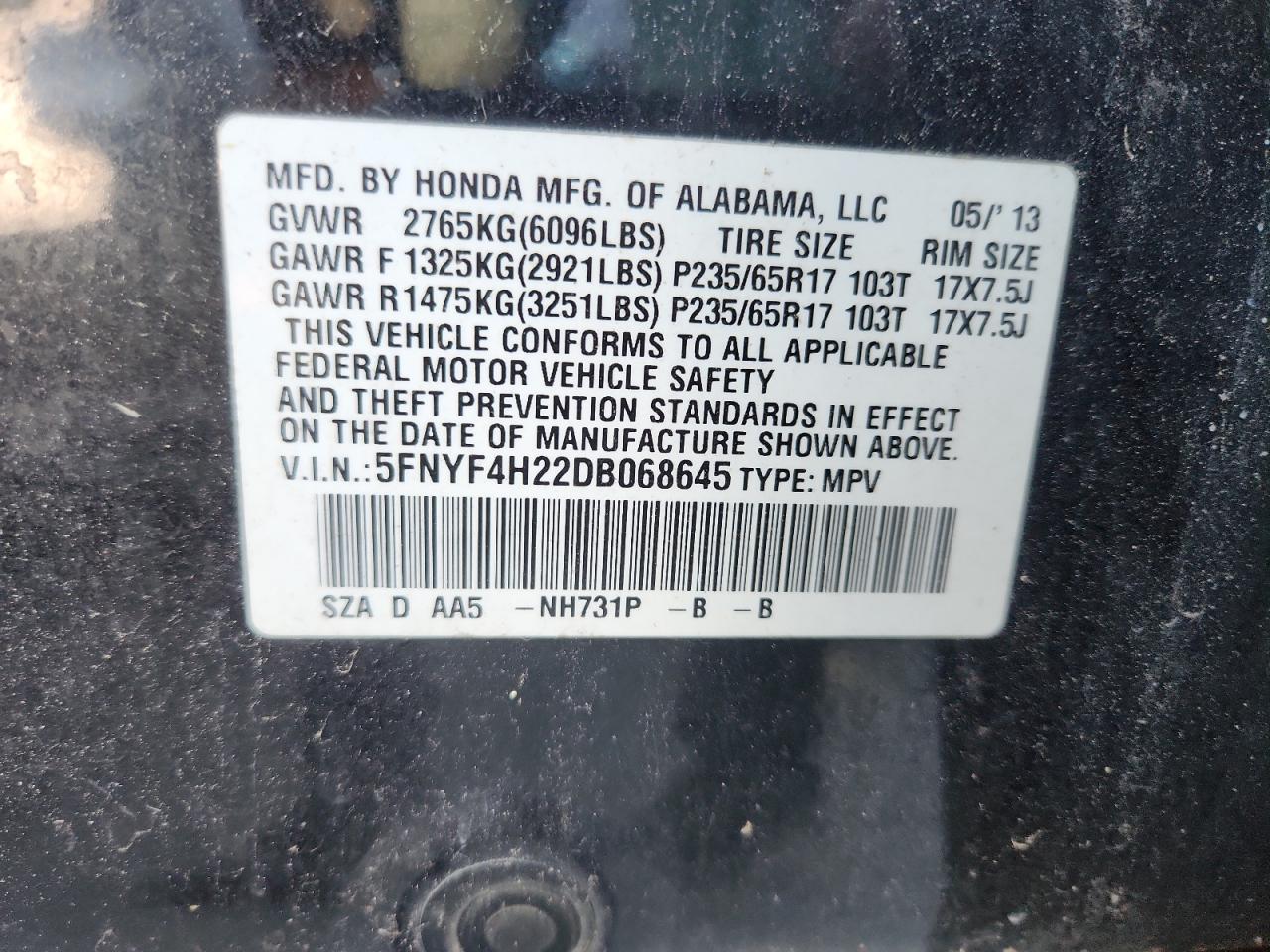 2013 Honda Pilot Lx VIN: 5FNYF4H22DB068645 Lot: 91289475