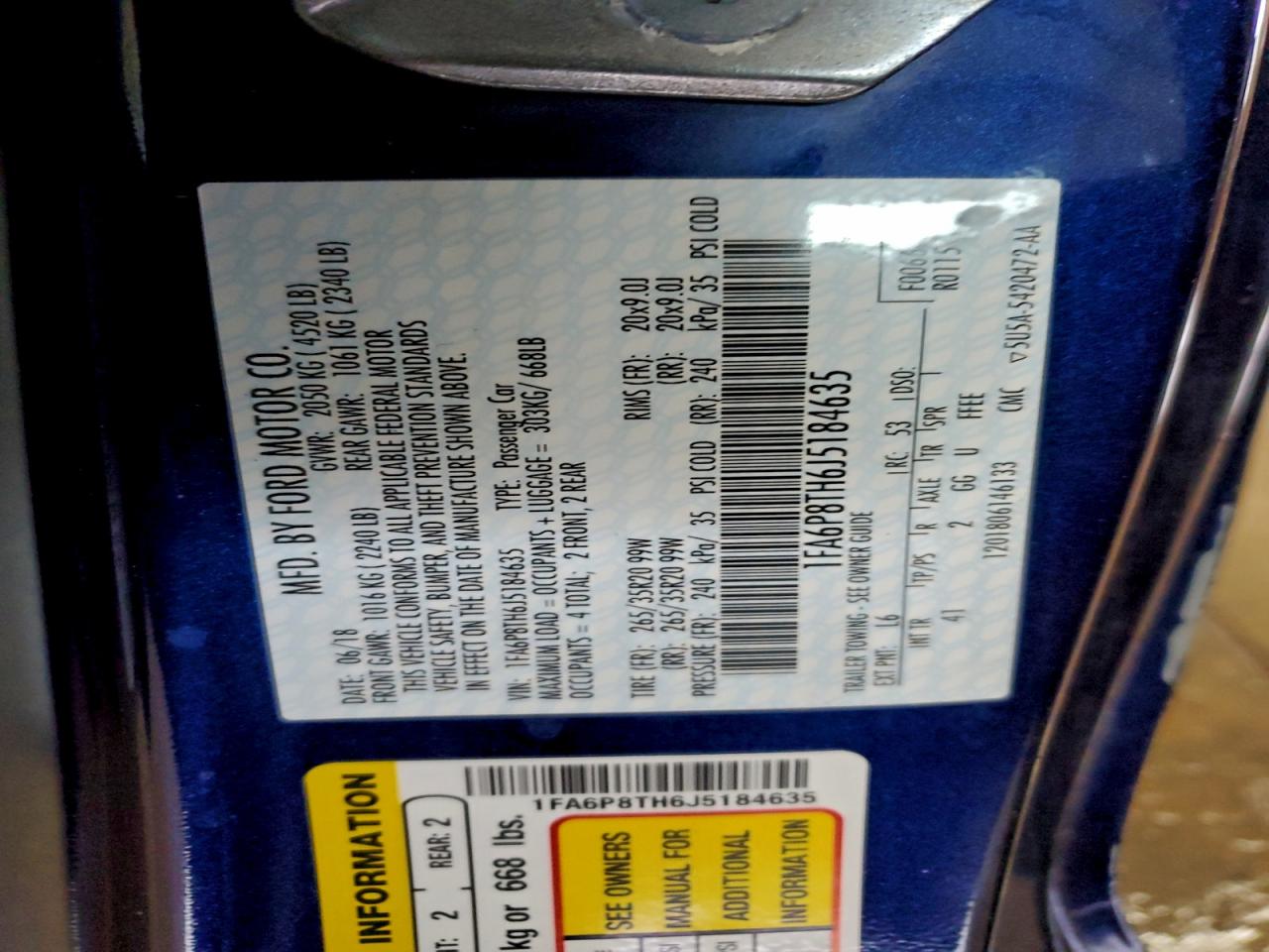 2018 Ford Mustang VIN: 1FA6P8TH6J5184635 Lot: 93854195