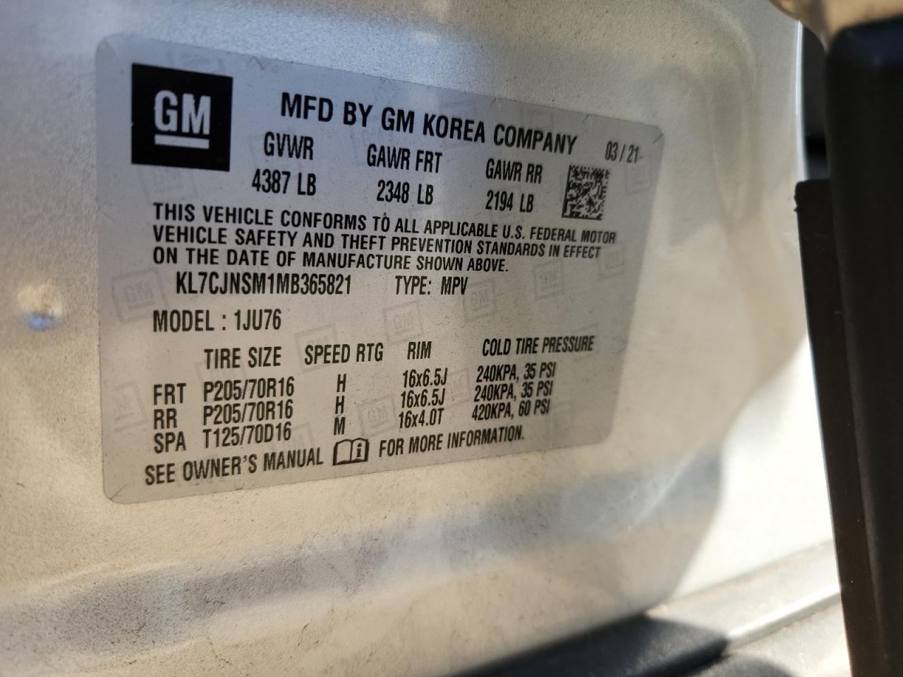 2021 Chevrolet Trax Ls VIN: KL7CJNSM1MB365821 Lot: 92386535