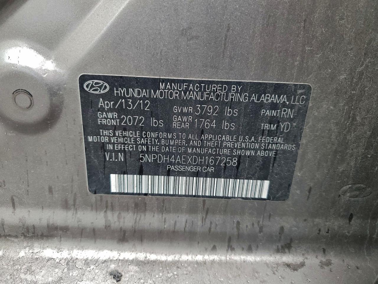 2013 Hyundai Elantra Gls VIN: 5NPDH4AEXDH167258 Lot: 93313475