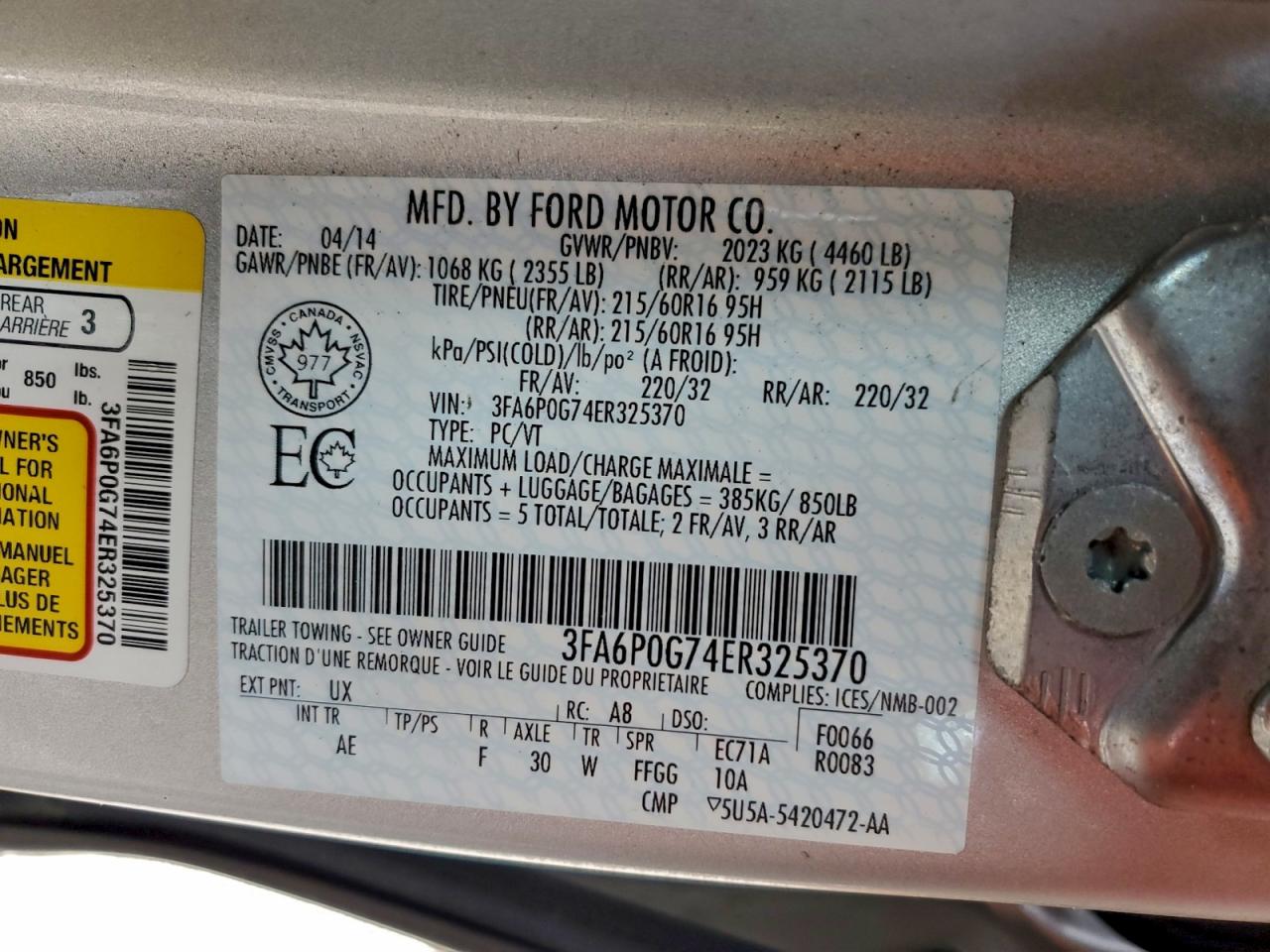 2014 Ford Fusion S VIN: 3FA6P0G74ER325370 Lot: 93985945