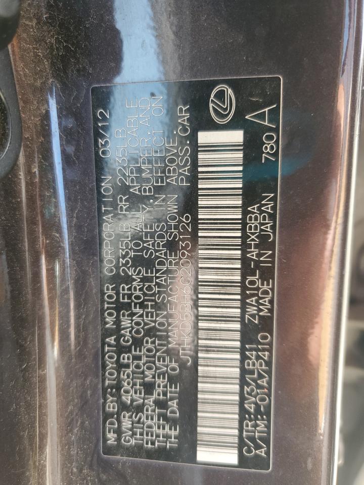 2012 Lexus Ct 200 VIN: JTHKD5BH6C2093126 Lot: 91560695