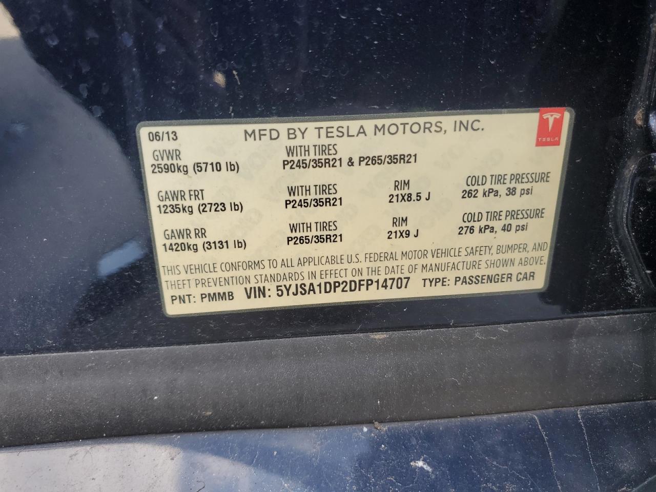 2013 Tesla Model S VIN: 5YJSA1DP2DFP14707 Lot: 92741145