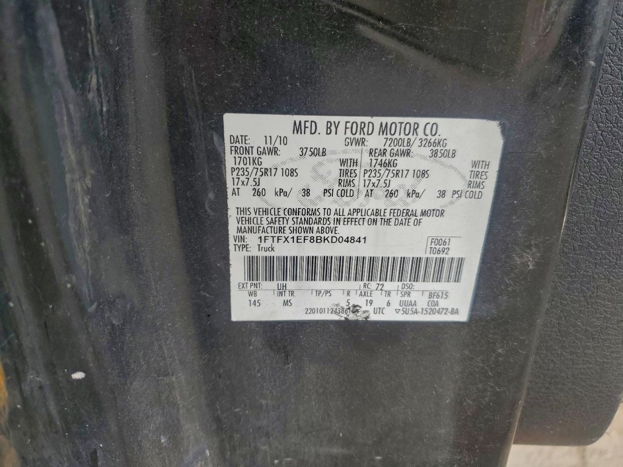 2011 Ford F150 Super Cab VIN: 1FTFX1EF8BKD04841 Lot: 94290545