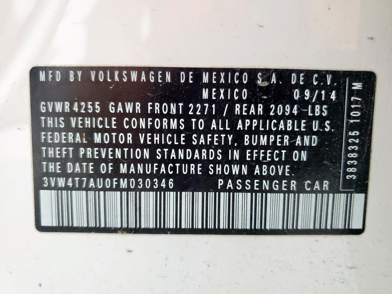 2015 Volkswagen Gti VIN: 3VW4T7AU0FM030346 Lot: 94042555