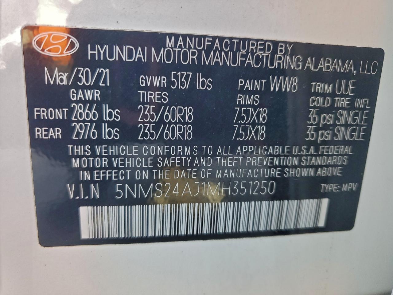 2021 Hyundai Santa Fe Sel VIN: 5NMS24AJ1MH351250 Lot: 94076255