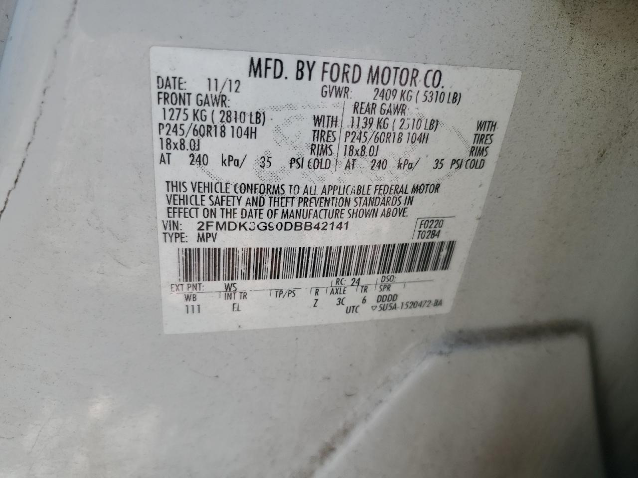 2013 Ford Edge Se VIN: 2FMDK3G90DBB42141 Lot: 91821655