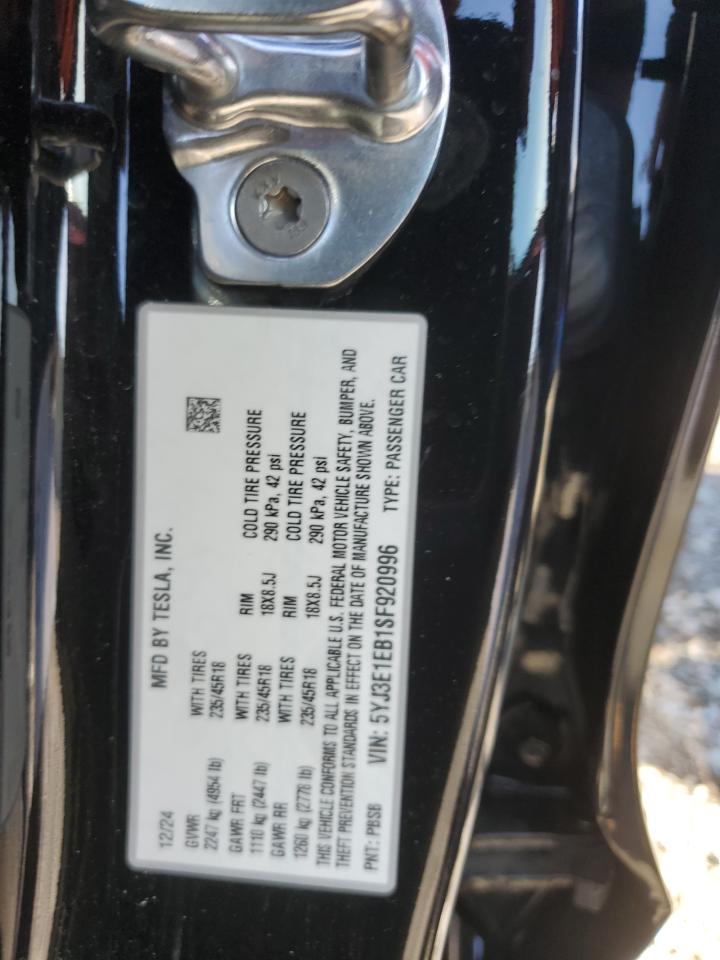 2025 Tesla Model 3 VIN: 5YJ3E1EB1SF920996 Lot: 93521785