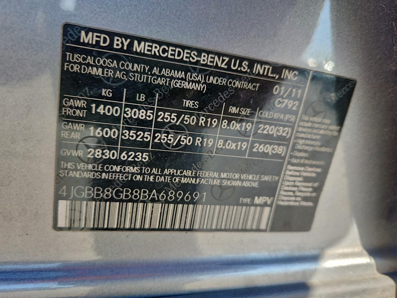 2011 Mercedes-Benz Ml 350 4Matic VIN: 4JGBB8GB8BA689691 Lot: 93102835