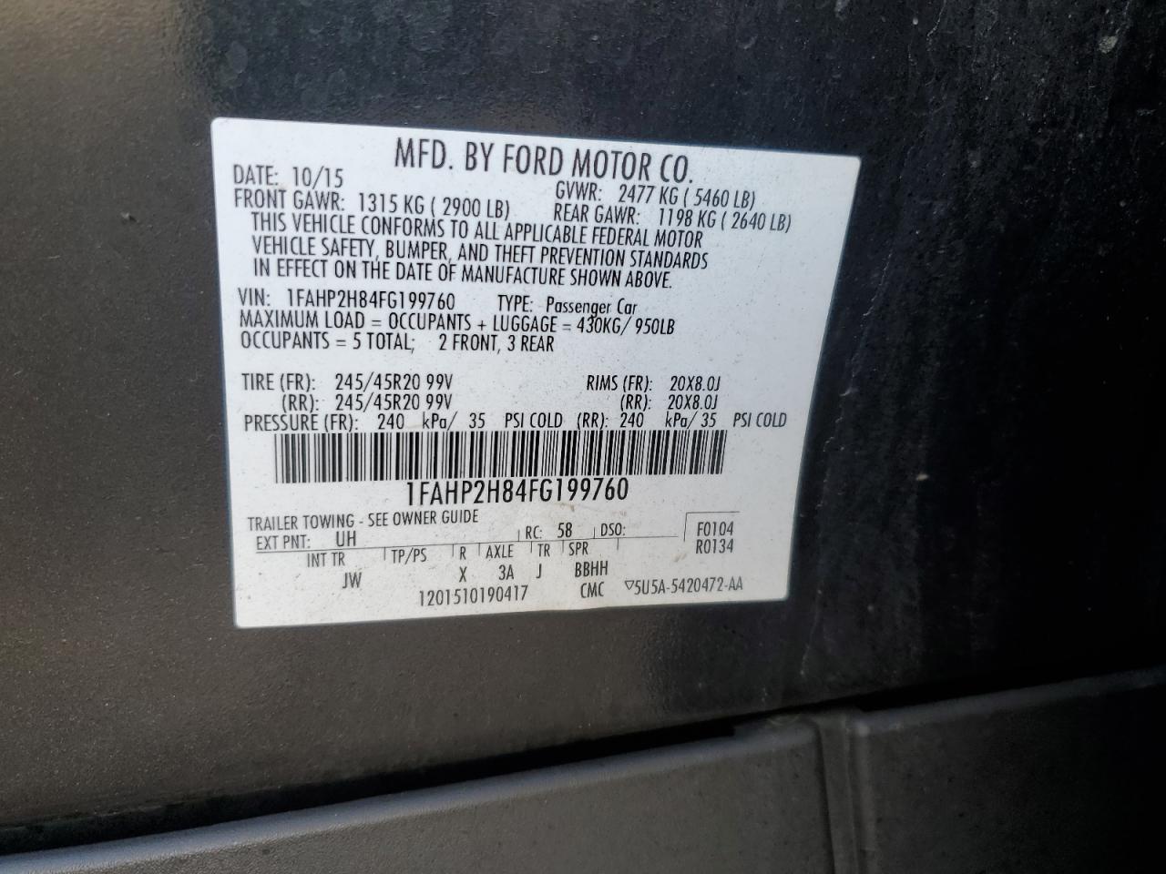 2015 Ford Taurus Sel VIN: 1FAHP2H84FG199760 Lot: 93414425