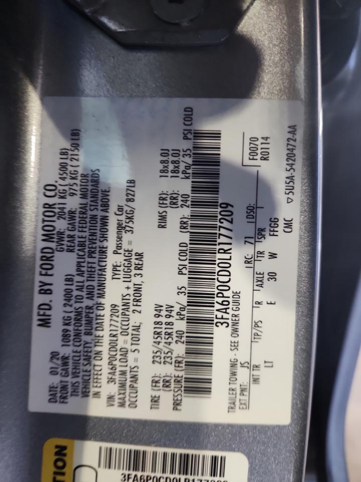 2020 Ford Fusion Sel VIN: 3FA6P0CD0LR177209 Lot: 91992645