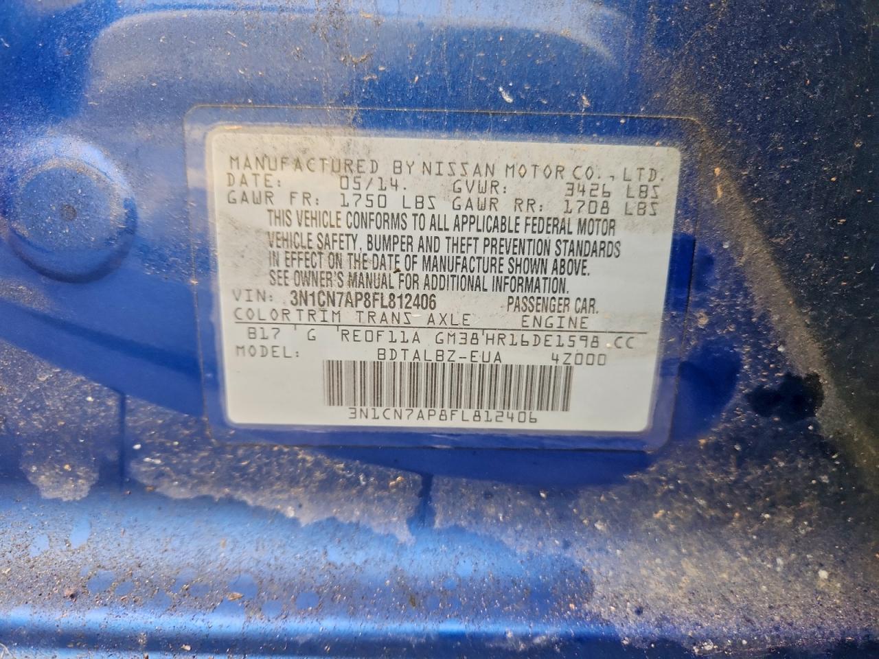 2015 Nissan Versa S VIN: 3N1CN7AP8FL812406 Lot: 94154095