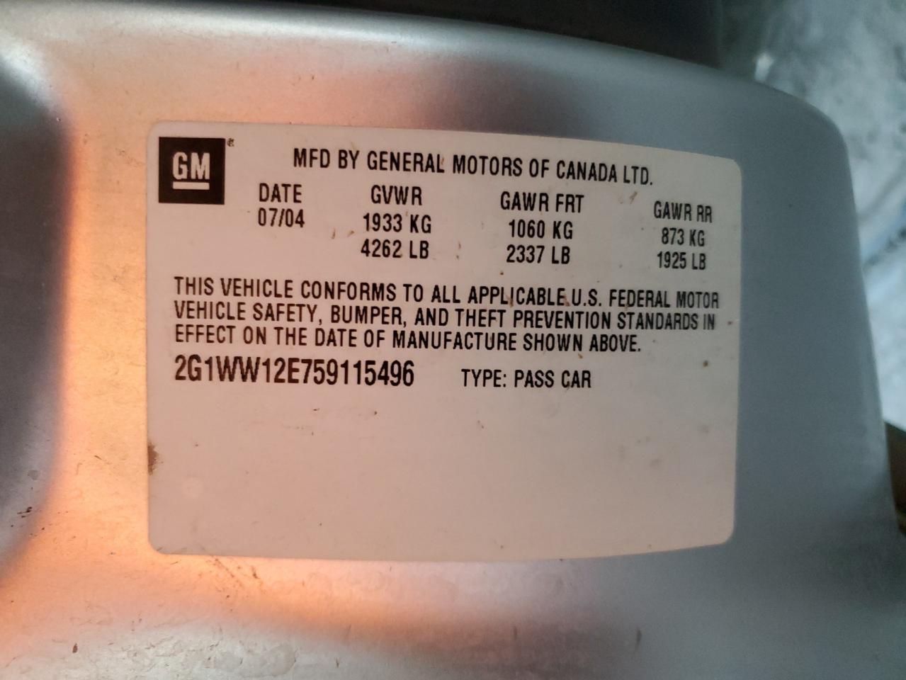 2005 Chevrolet Monte Carlo Ls VIN: 2G1WW12E759115496 Lot: 92106125