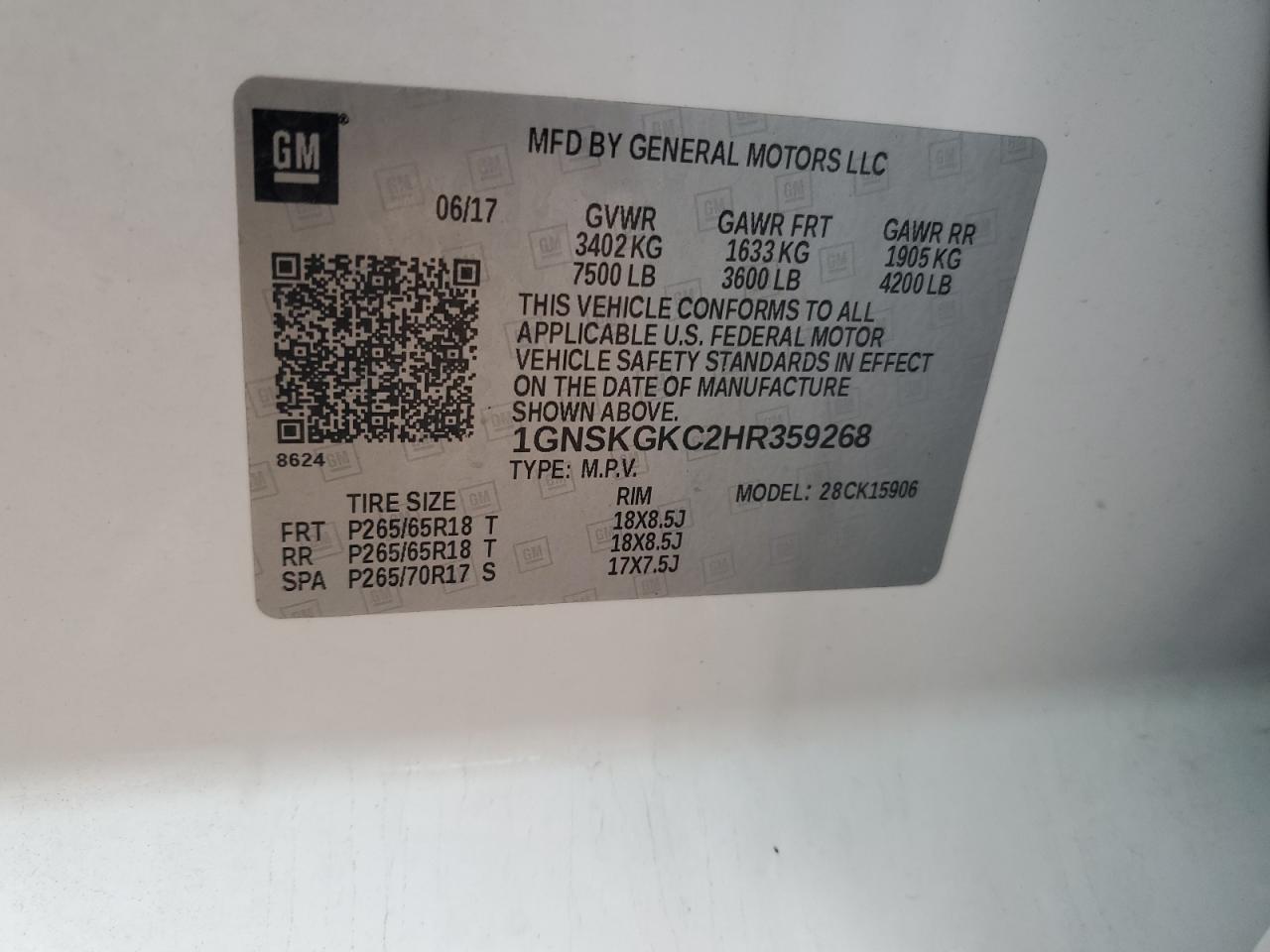 2017 Chevrolet Suburban K1500 Ls VIN: 1GNSKGKC2HR359268 Lot: 91781165