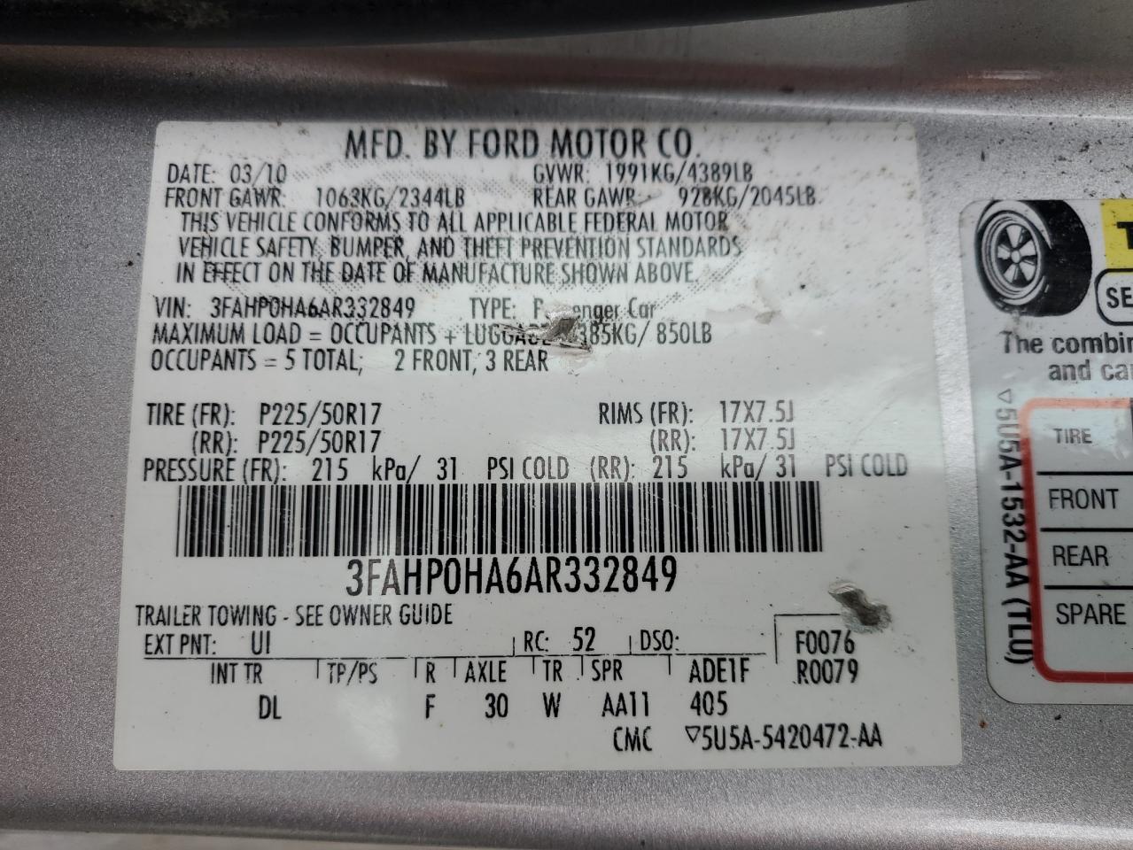 2010 Ford Fusion Se VIN: 3FAHP0HA6AR332849 Lot: 91673205