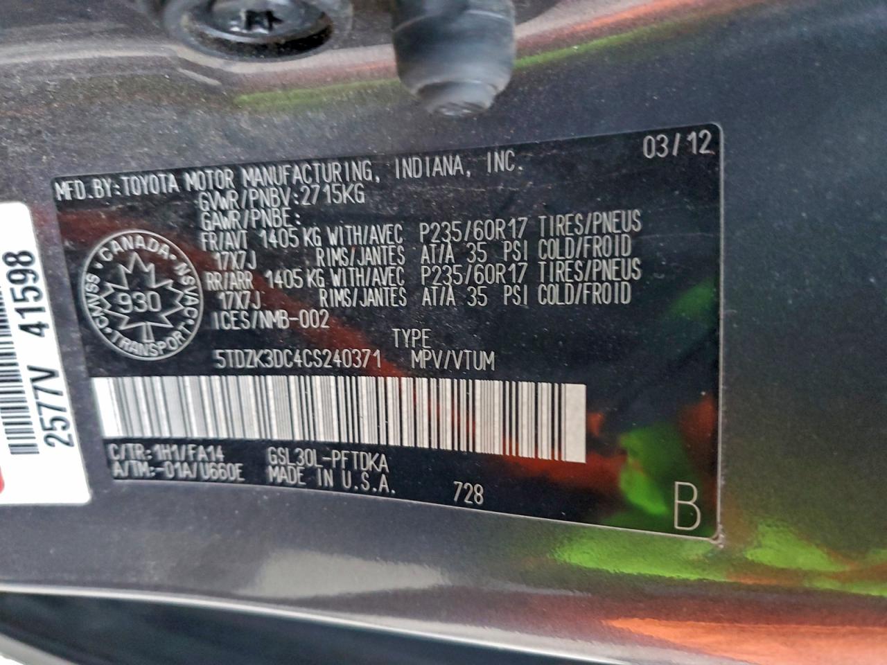 2012 Toyota Sienna VIN: 5TDZK3DC4CS240371 Lot: 95053845