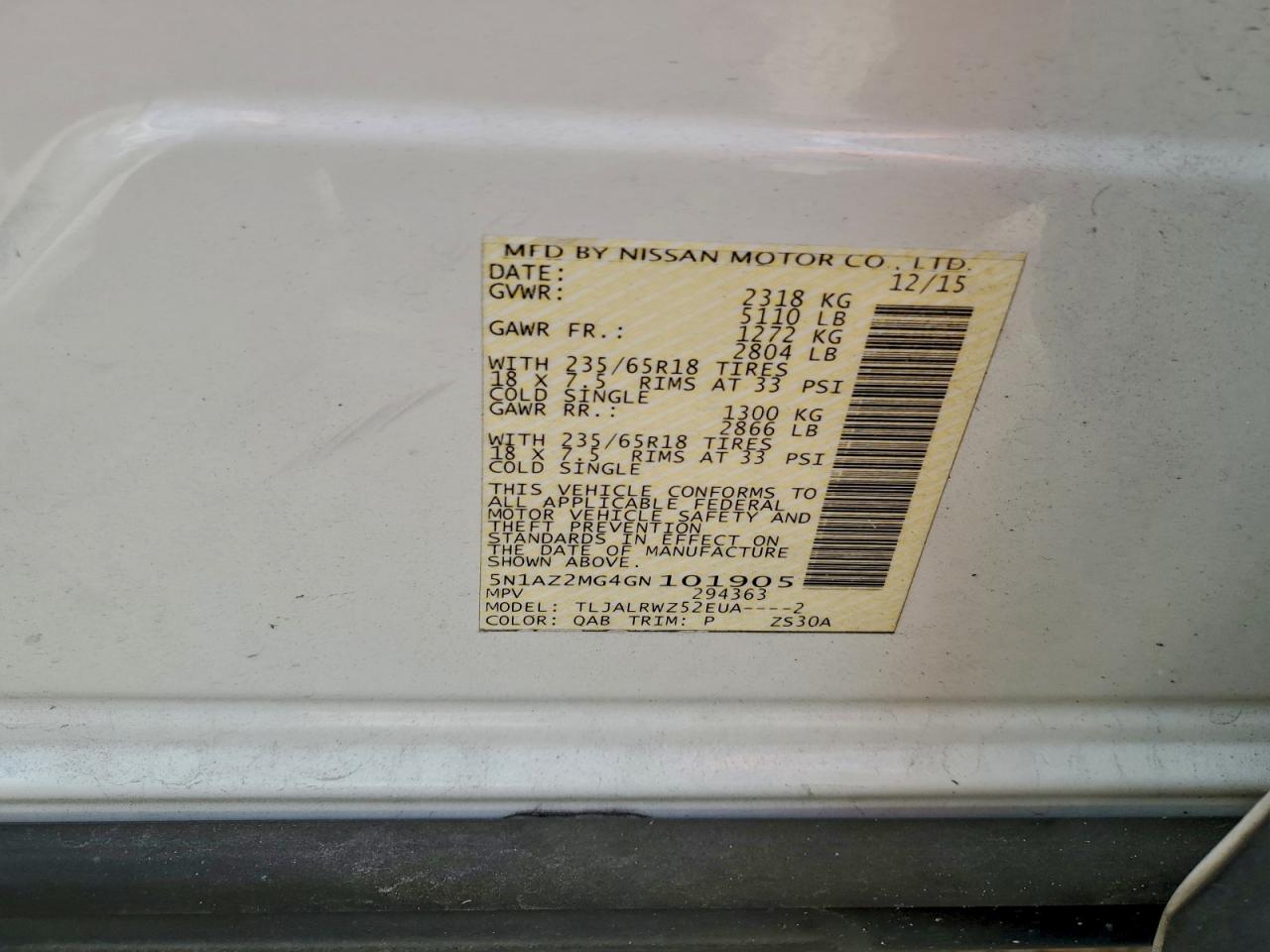 2016 Nissan Murano S VIN: 5N1AZ2MG4GN101905 Lot: 93764245