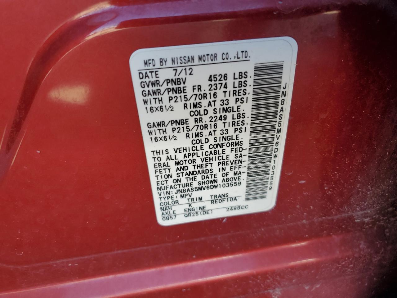 2013 Nissan Rogue S VIN: JN8AS5MV6DW103559 Lot: 92712355