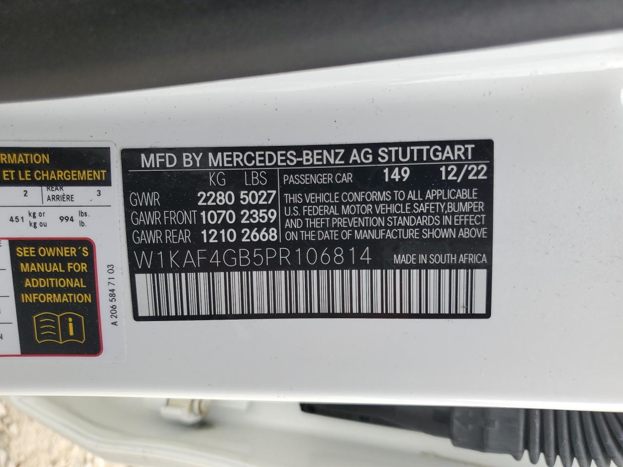 2023 Mercedes-Benz C 300 VIN: W1KAF4GB5PR106814 Lot: 93617275