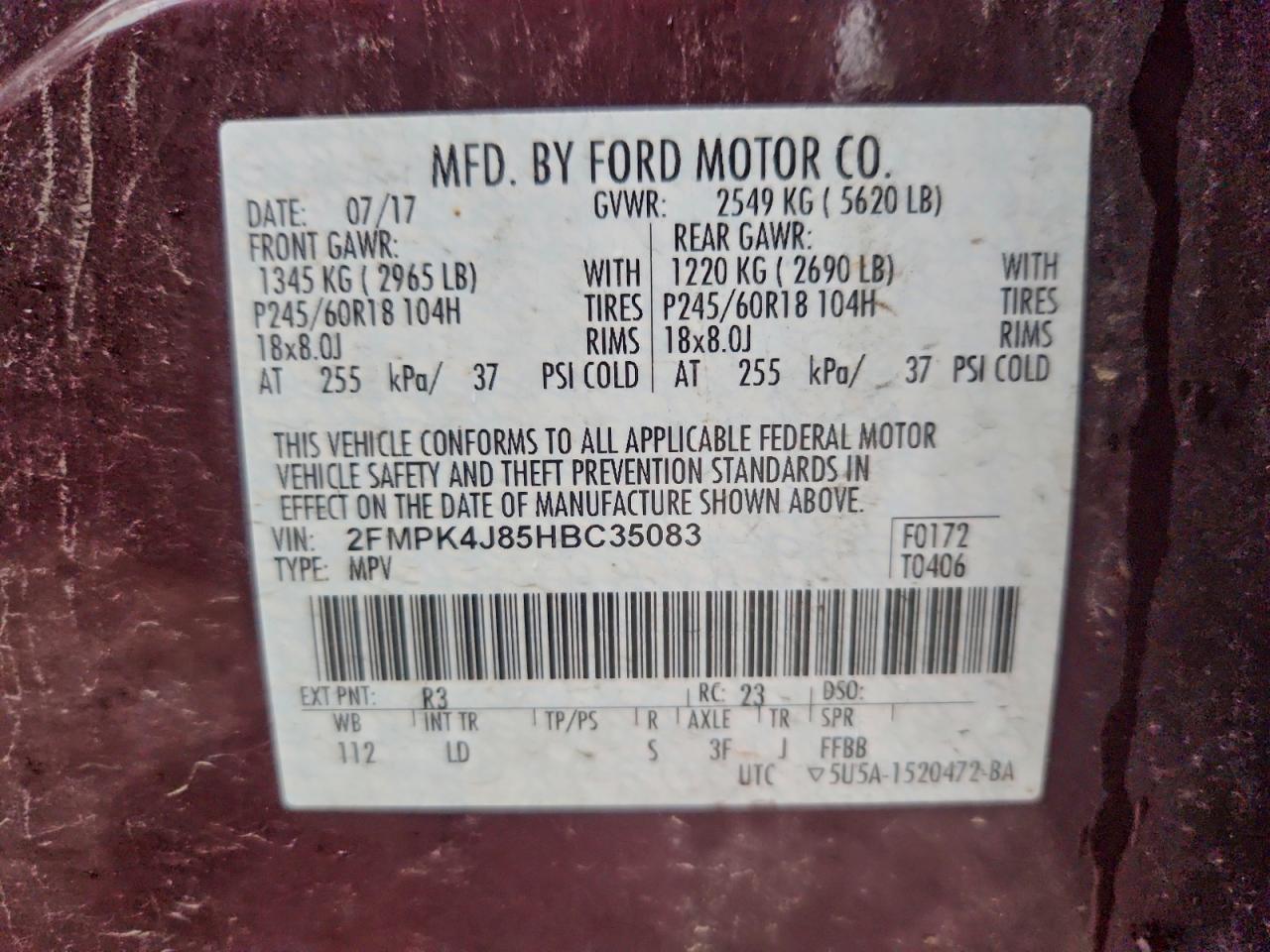 2017 Ford Edge Sel VIN: 2FMPK4J85HBC35083 Lot: 94139595