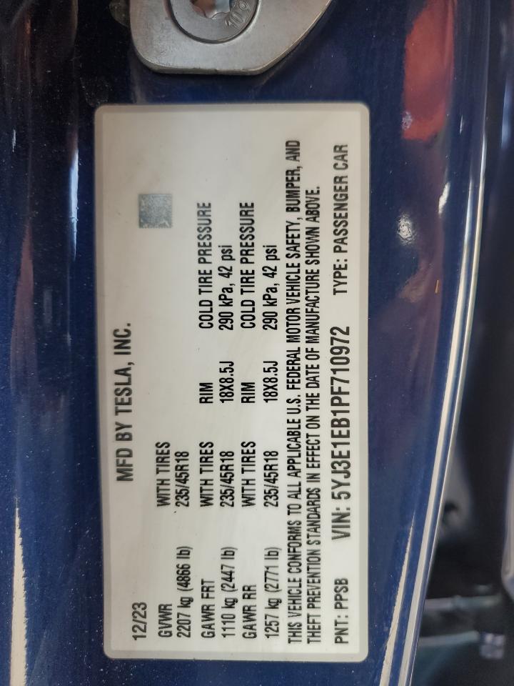 2023 Tesla Model 3 VIN: 5YJ3E1EB1PF710972 Lot: 92939635