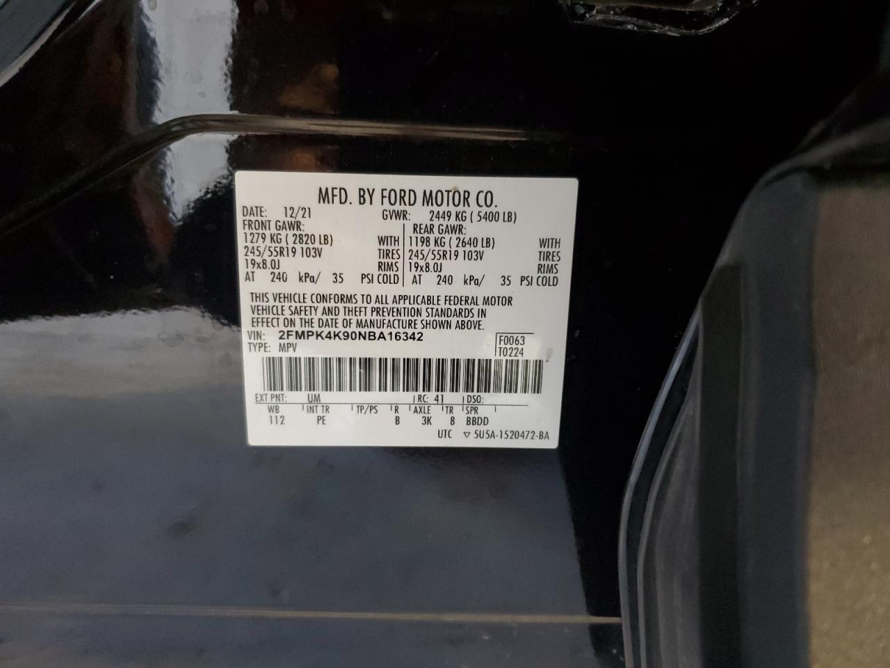 2022 Ford Edge Titanium VIN: 2FMPK4K90NBA16342 Lot: 92667535