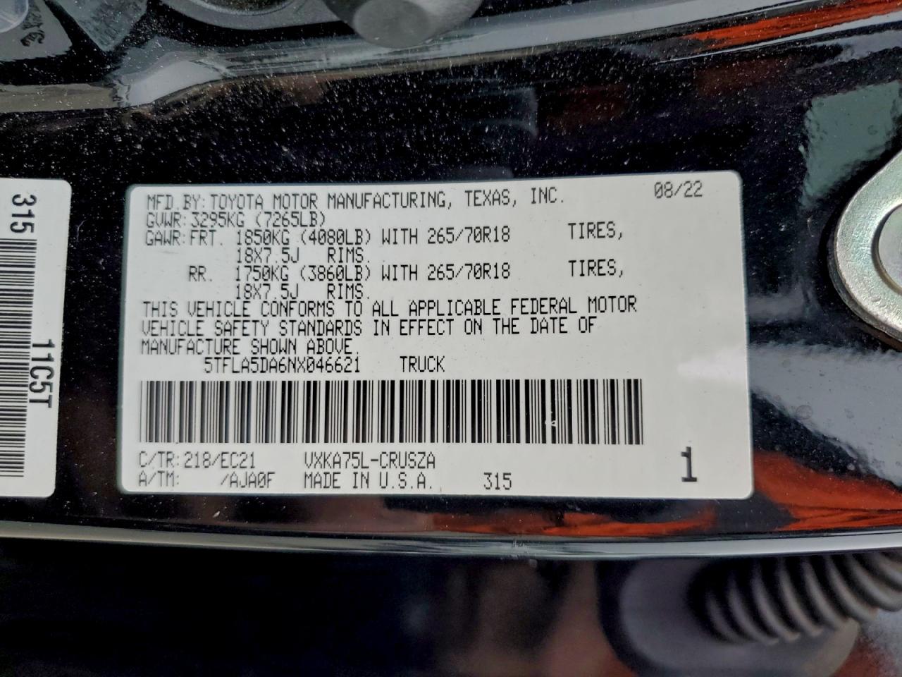 2022 Toyota Tundra Double Cab Sr VIN: 5TFLA5DA6NX046621 Lot: 93210425