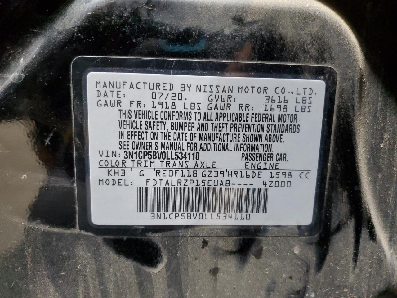 2020 Nissan Kicks S VIN: 3N1CP5BV0LL534110 Lot: 93588205