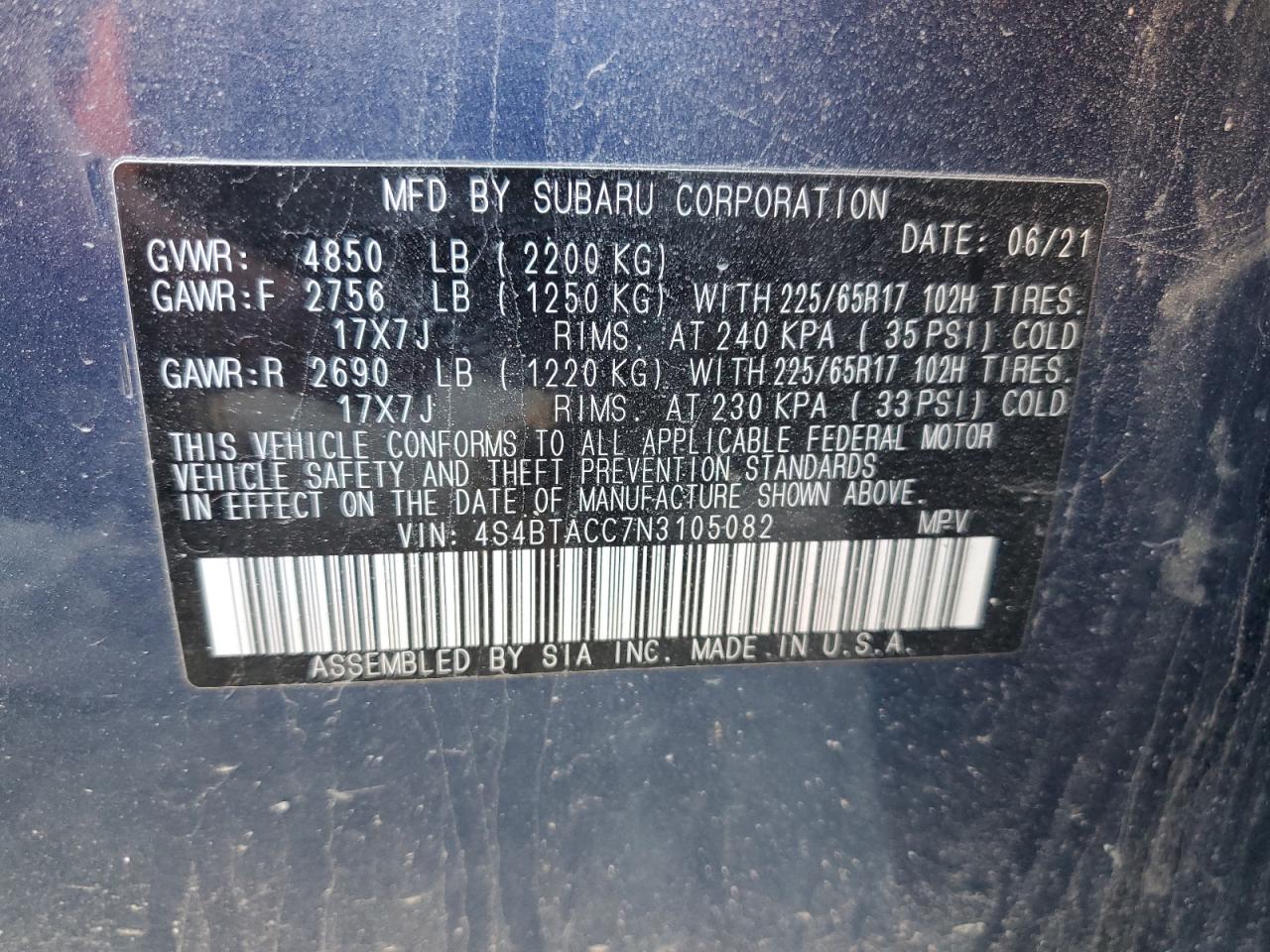 2022 Subaru Outback Premium VIN: 4S4BTACC7N3105082 Lot: 91230265