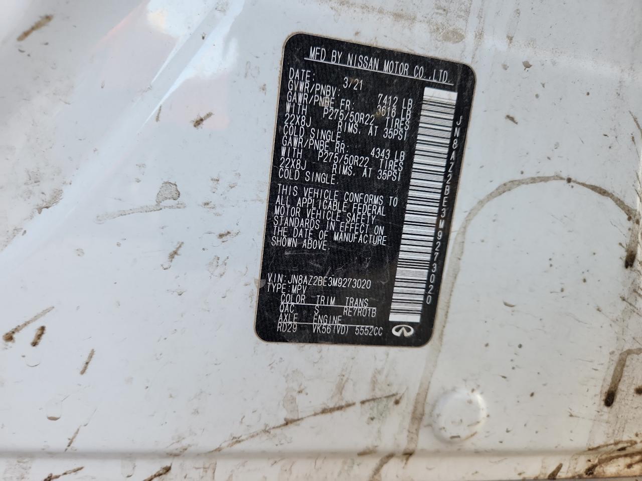 2021 Infiniti Qx80 Sensory VIN: JN8AZ2BE3M9273020 Lot: 92209005