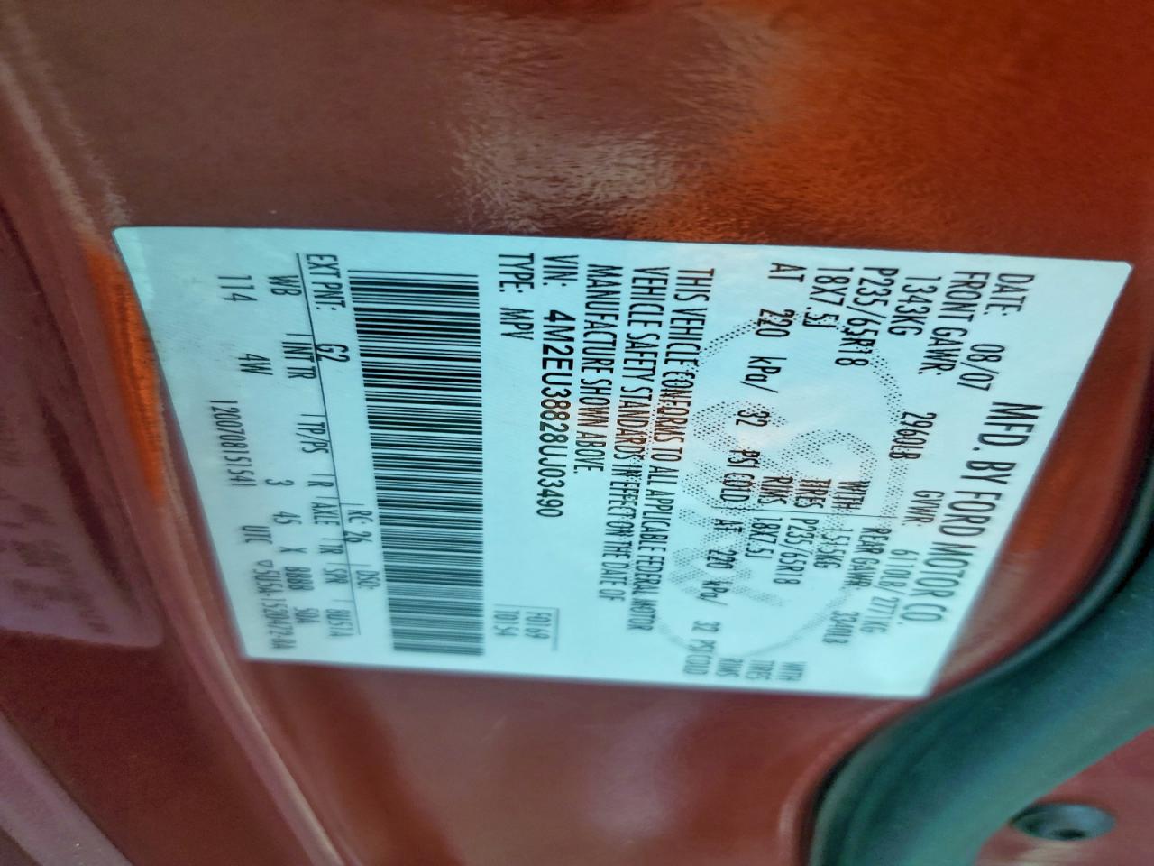 2008 Mercury Mountaineer Premier VIN: 4M2EU38828UJ03490 Lot: 93649195