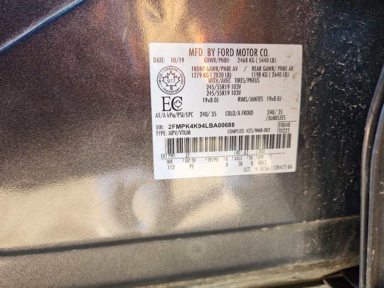 2020 Ford Edge Titanium VIN: 2FMPK4K94LBA00688 Lot: 89876855