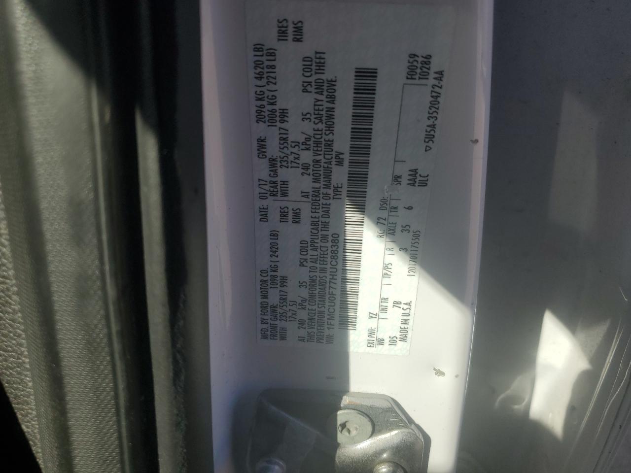 2017 Ford Escape S VIN: 1FMCU0F77HUC88380 Lot: 92473935