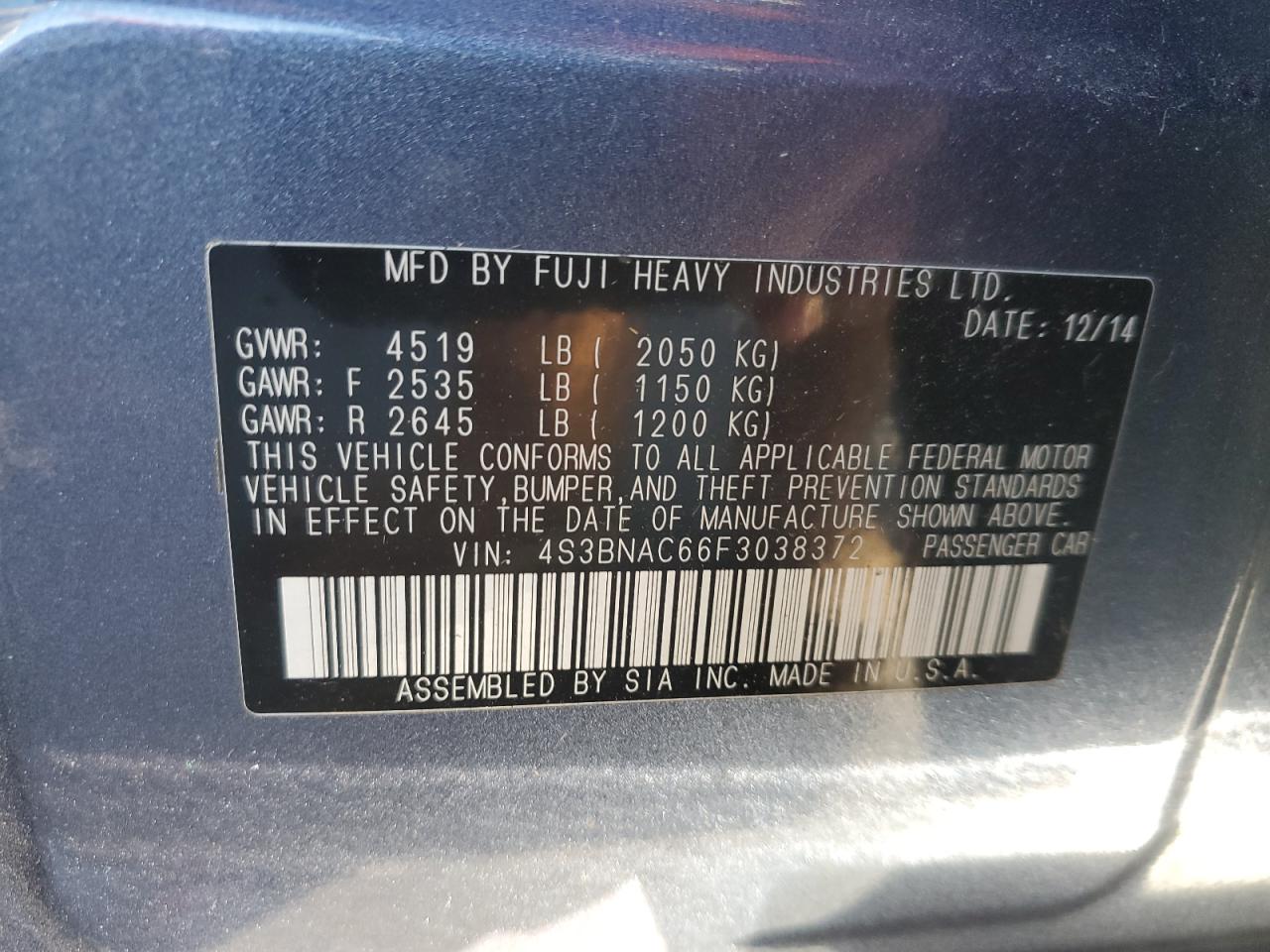 2015 Subaru Legacy 2.5I Premium VIN: 4S3BNAC66F3038372 Lot: 91184095