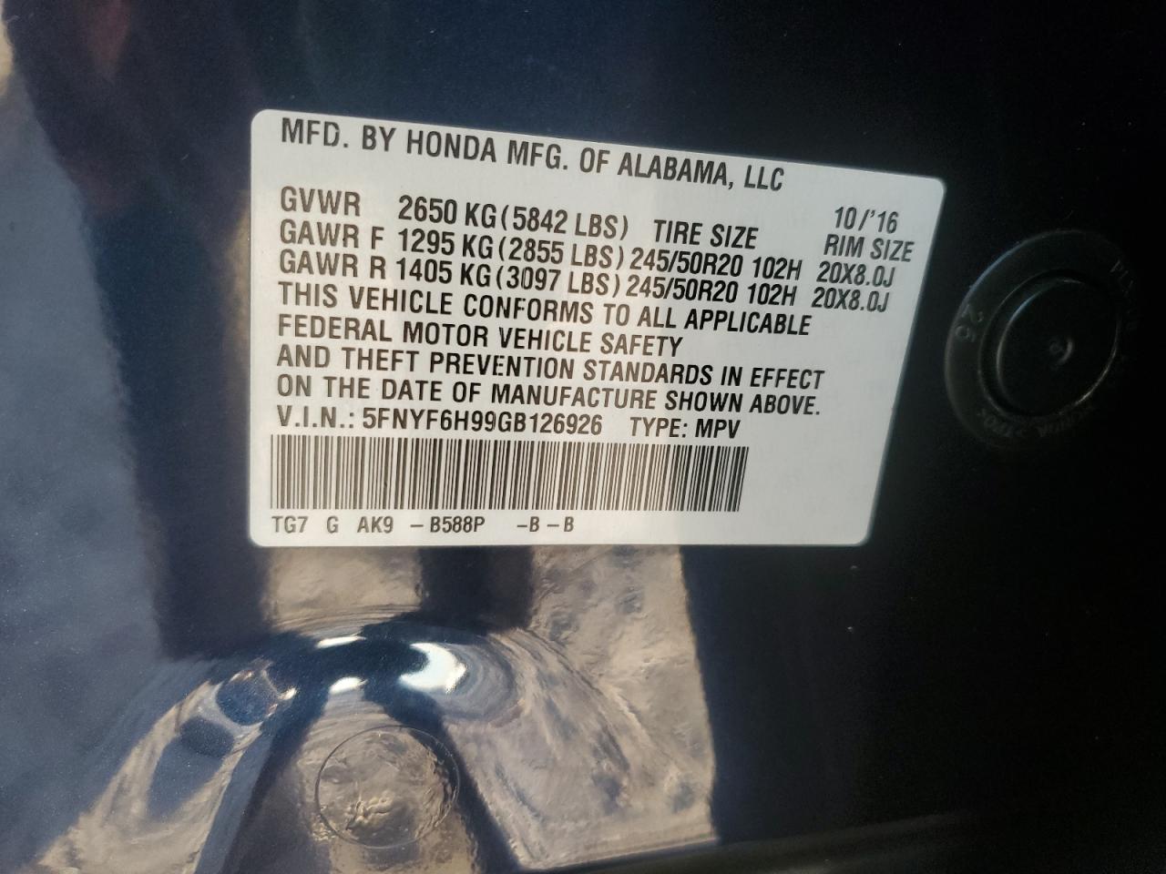 2016 Honda Pilot Touring VIN: 5FNYF6H99GB126926 Lot: 92613415