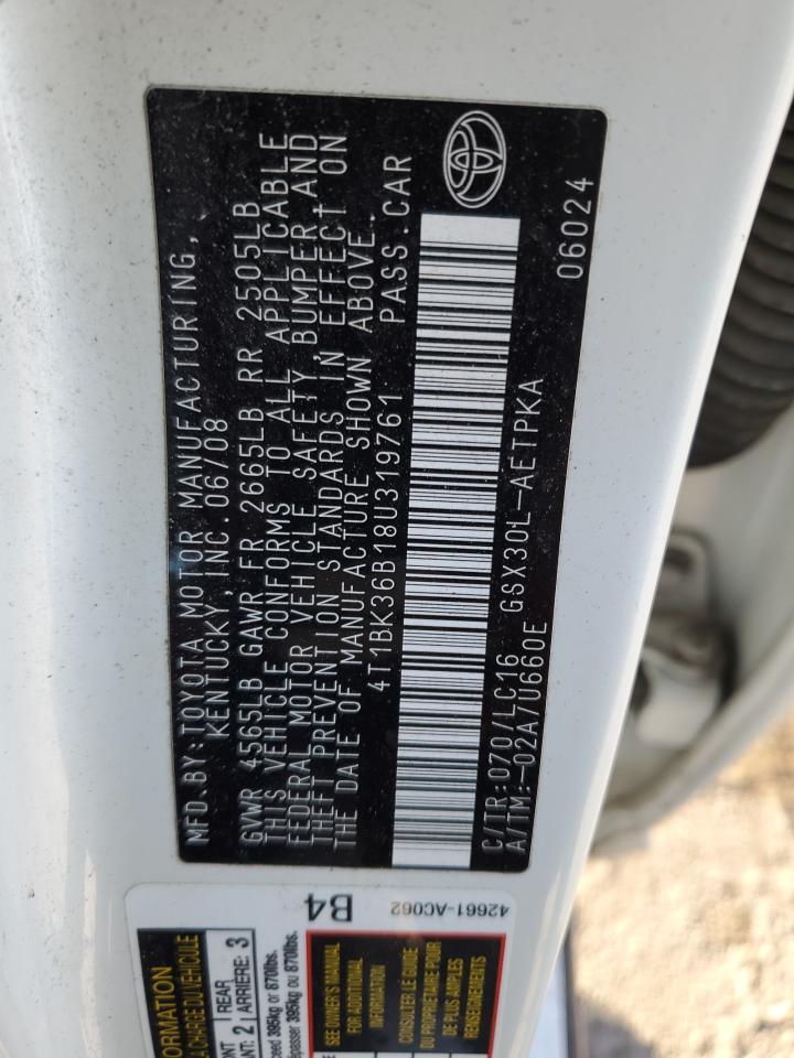 2008 Toyota Avalon Xl VIN: 4T1BK36B18U319761 Lot: 92768965