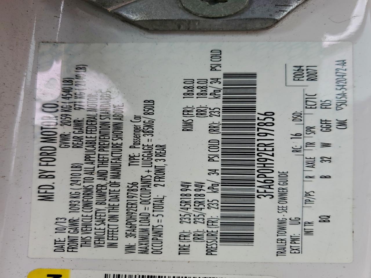 2014 Ford Fusion Se VIN: 3FA6P0H92ER197856 Lot: 93631785